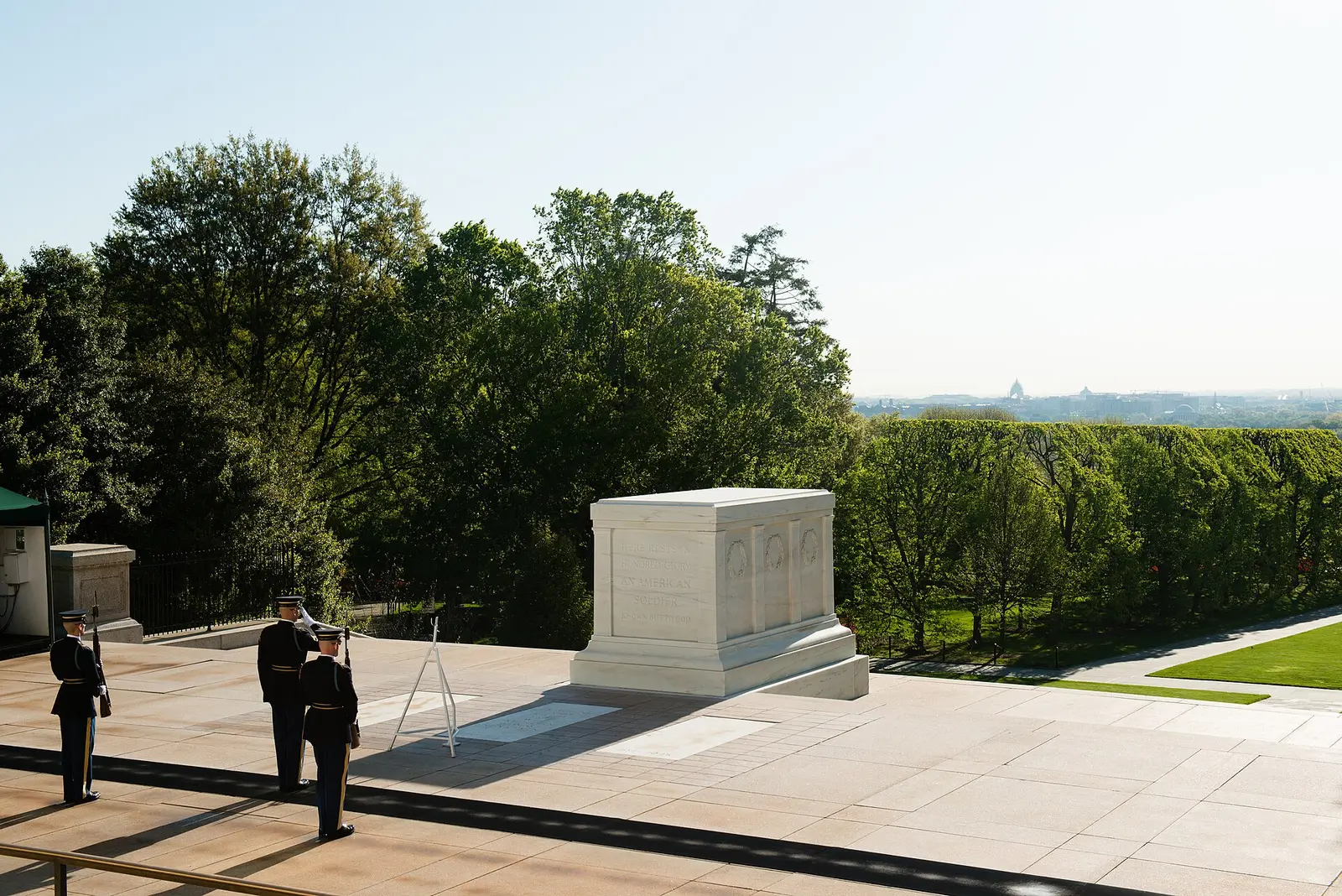 Sentinels of the 3d U.S. Infantry Regiment during the Changing of the Guard at the Tomb of the Unknown Soldier in Arlington National Cemetery.