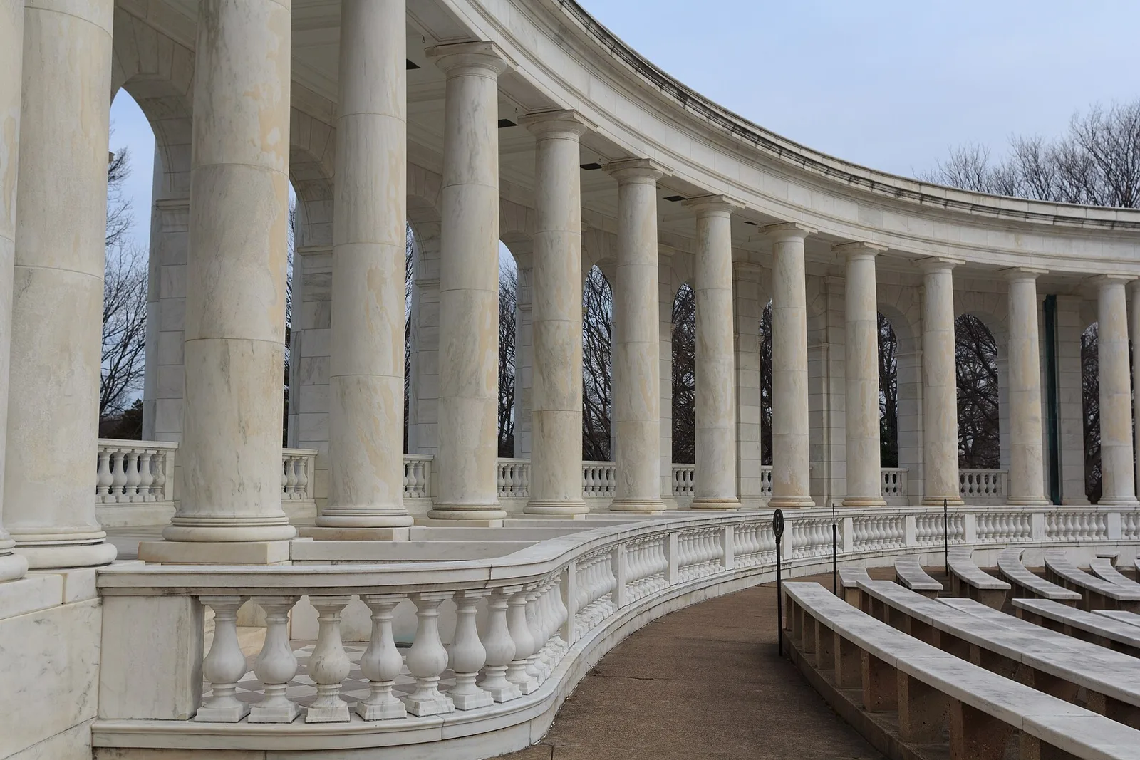 The colonnade and marble benches of the Memorial Amphitheater at Arlington National Cemetery, home of the Easter sunrise service.