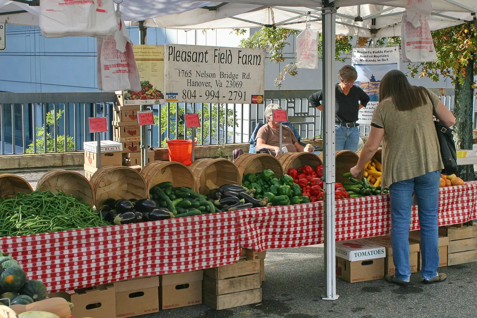 Shoppers at the Saturday farmers market in the Courthouse parking lot, Arlington.