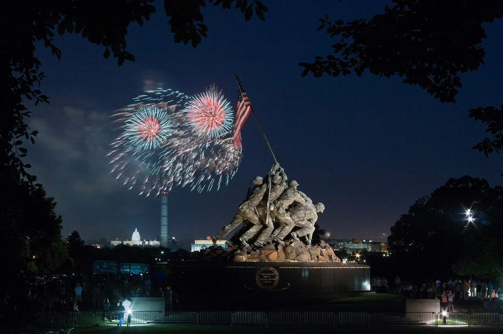 Fireworks over the National Mall seen from the Marine Corps War Memorial in Arlington.