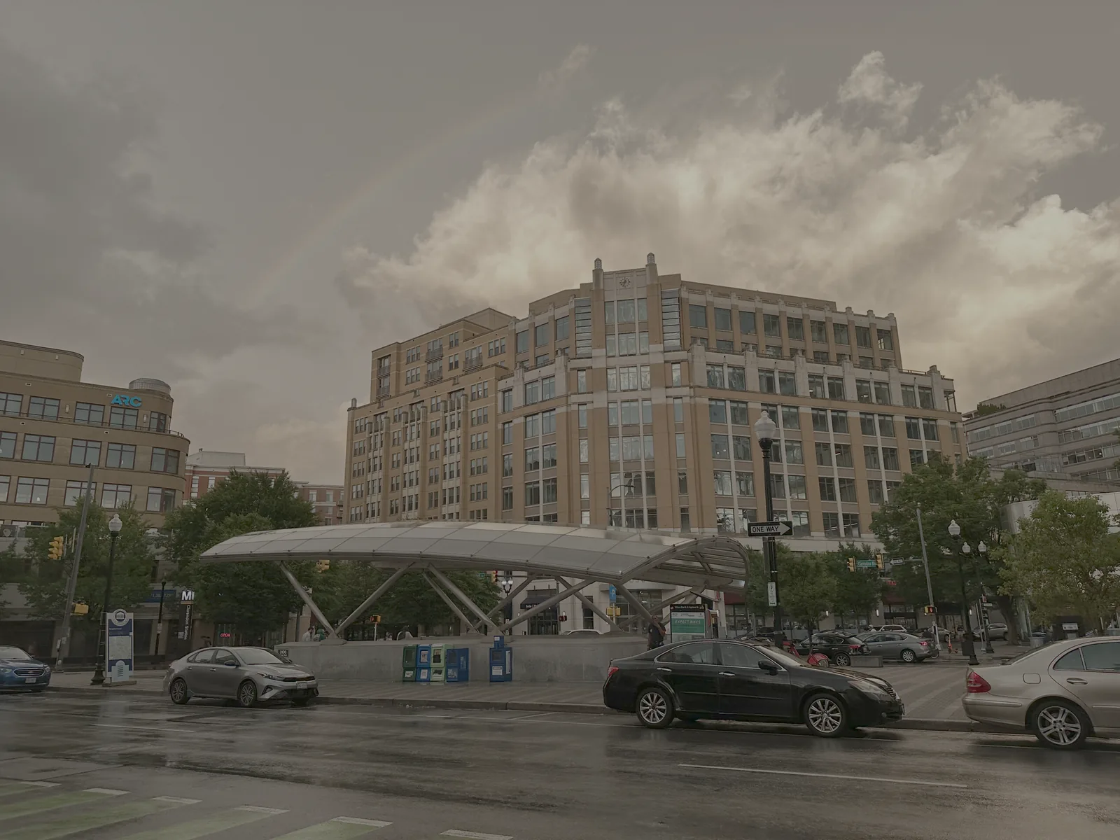 The canopy over the Clarendon Metro station entrance on Wilson Boulevard in Arlington.