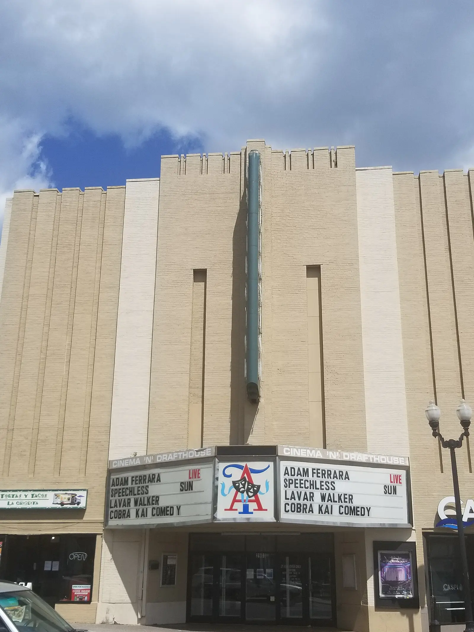 The marquee of the Arlington Cinema 'N' Drafthouse, a comedy club and movie house on Columbia Pike.