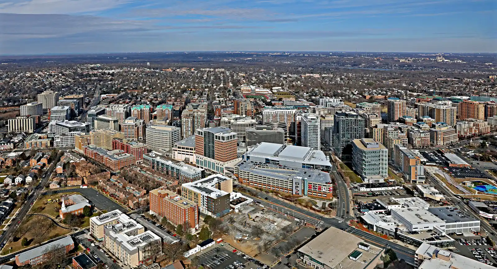 An aerial view looking northwest over Ballston's high-rises and the lower-rise neighborhoods around them in Arlington.