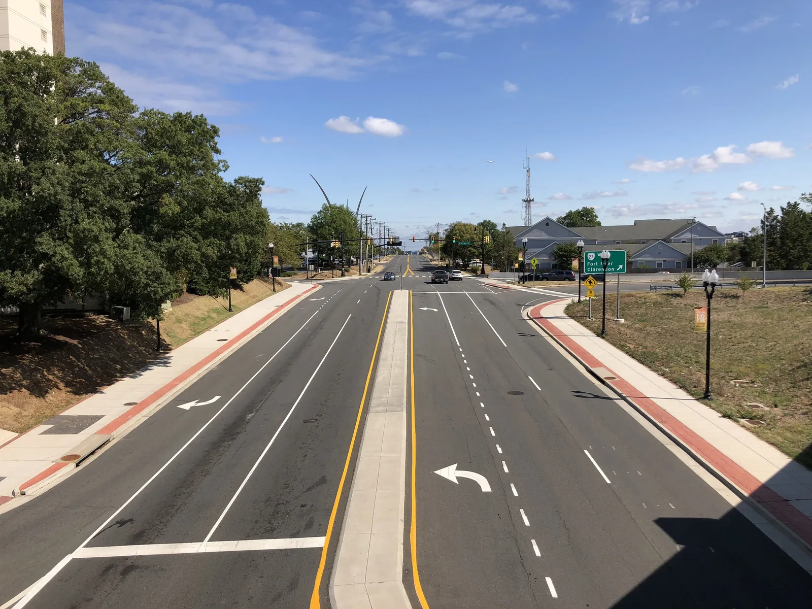 Columbia Pike looking east from the Washington Boulevard overpass in Arlington, with the U.S. Air Force Memorial spires in the distance.