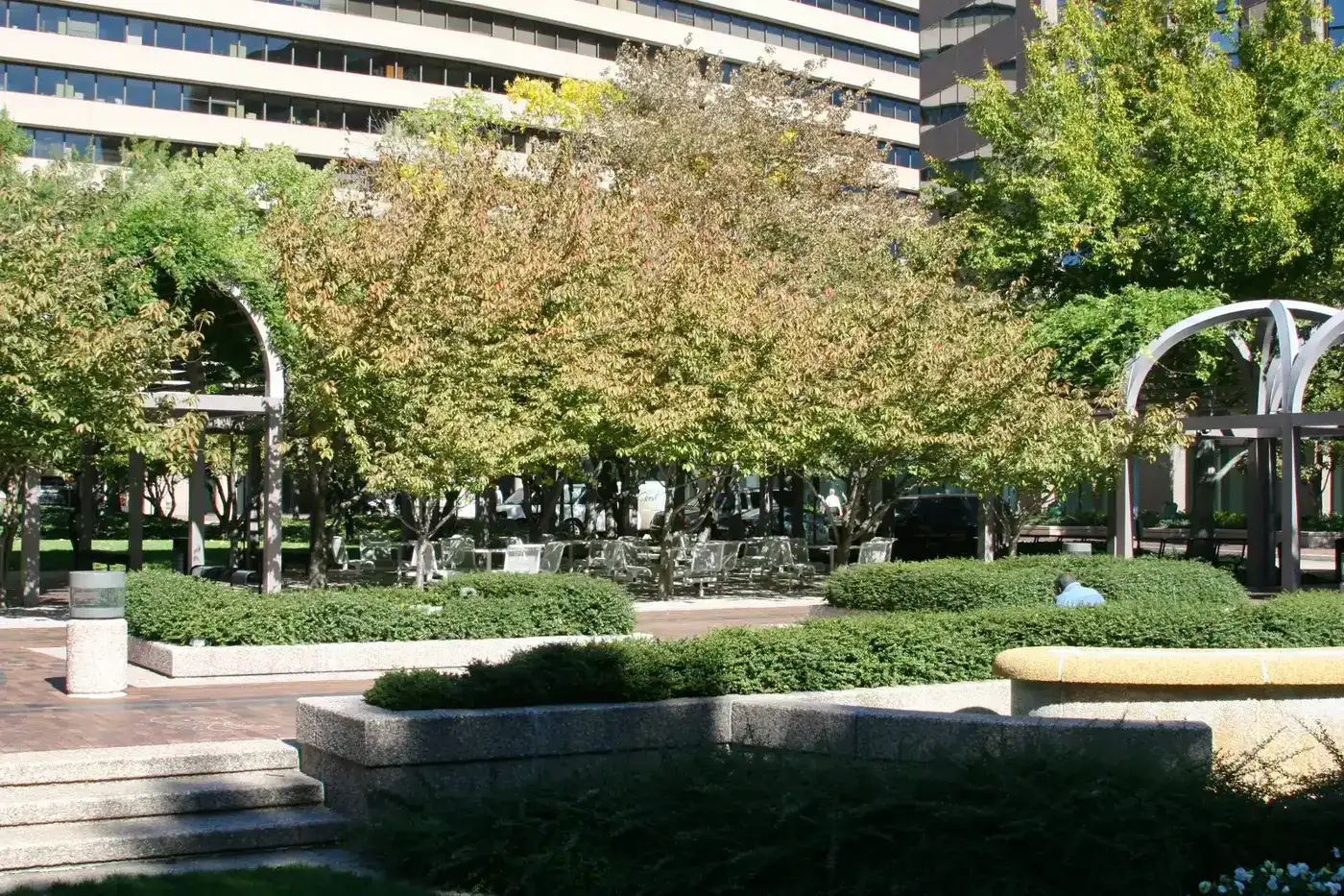 A landscaped plaza with metal arbors among the office towers of Crystal City, Arlington.