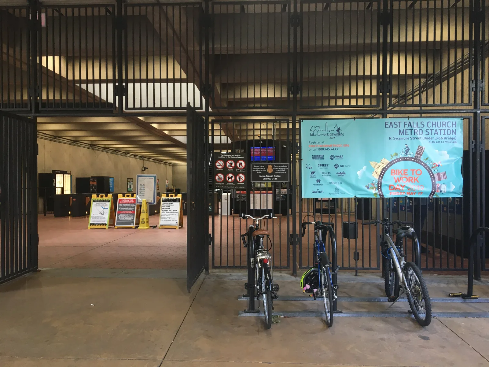Bicycle racks at the entrance to the mezzanine of East Falls Church Metrorail station, on North Sycamore Street in Arlington.