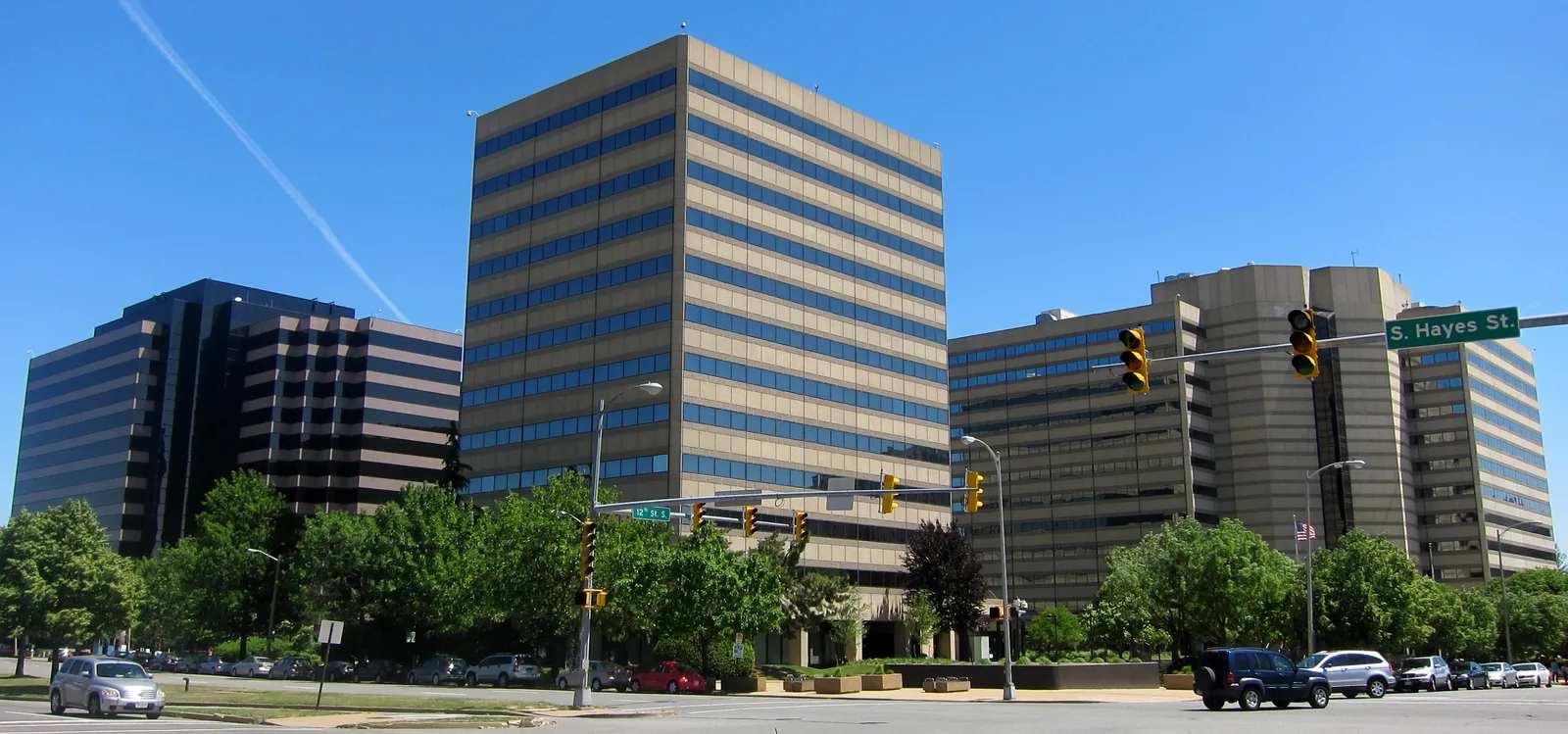 High-rise office buildings at the corner of South Hayes Street in Pentagon City, Arlington.