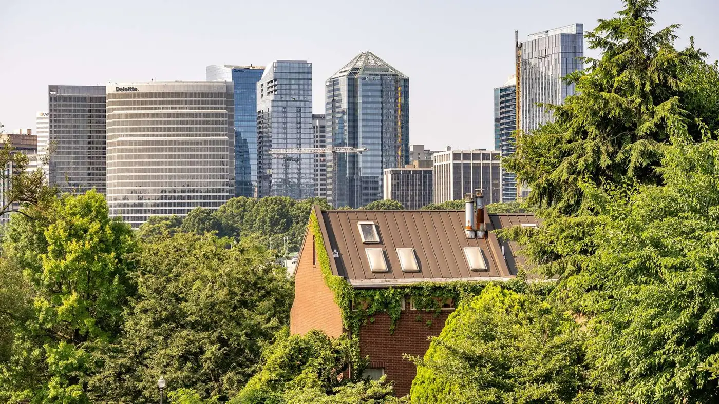 Rosslyn's high-rises rise behind the trees, seen from Georgetown across the Potomac River.