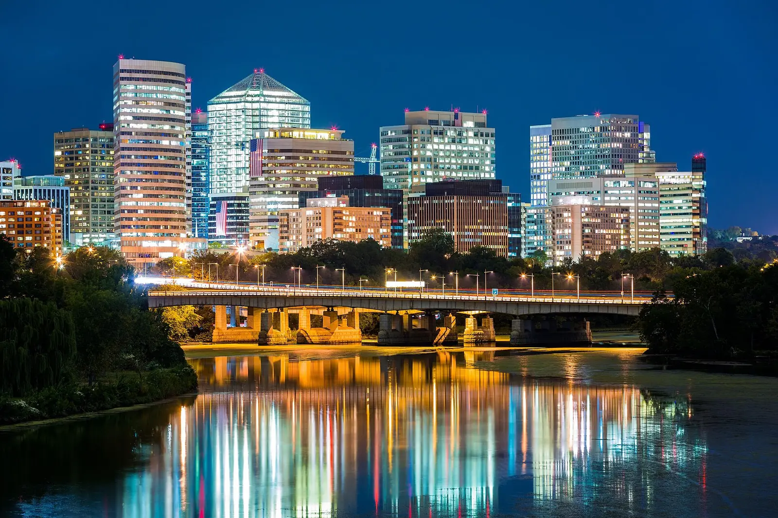 The Rosslyn skyline at night, seen across the Potomac River from Washington.