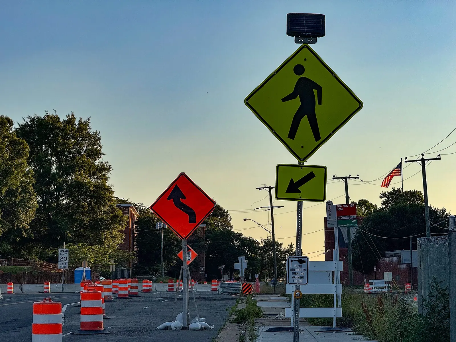 Work-zone barrels and signs on Southgate Road in Arlington.