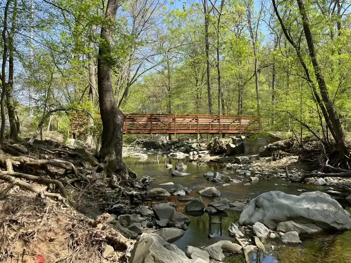The rebuilt footbridge over Four Mile Run in Glencarlyn Park, inside the Carlin Springs Elementary attendance zone.