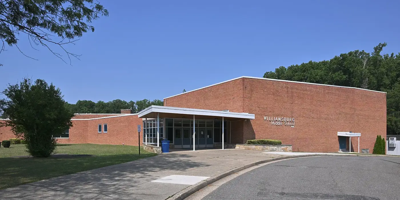 The front of Williamsburg Middle School, which shares a campus with Discovery Elementary on 36th Street North.