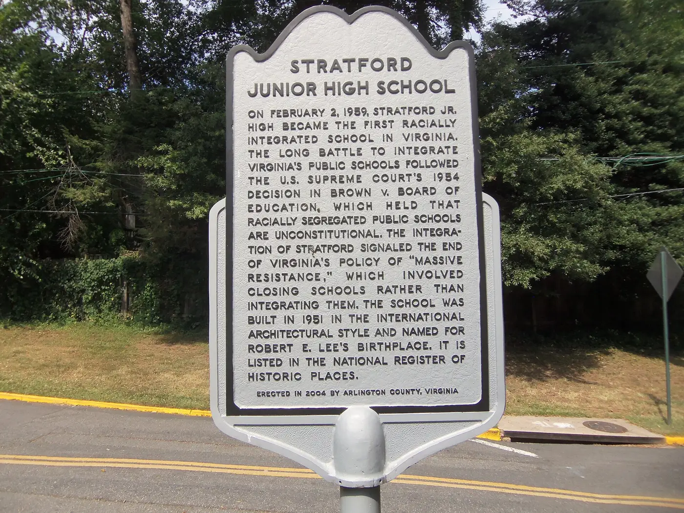 Arlington County's historical marker for Stratford Junior High School, outside the Vacation Lane building that now houses Dorothy Hamm Middle School.