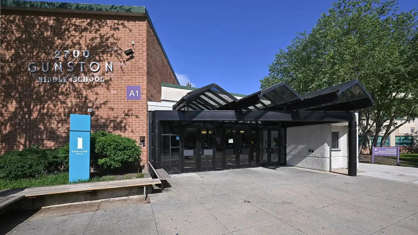 The main entrance to Gunston Middle School on South Lang Street in Arlington.