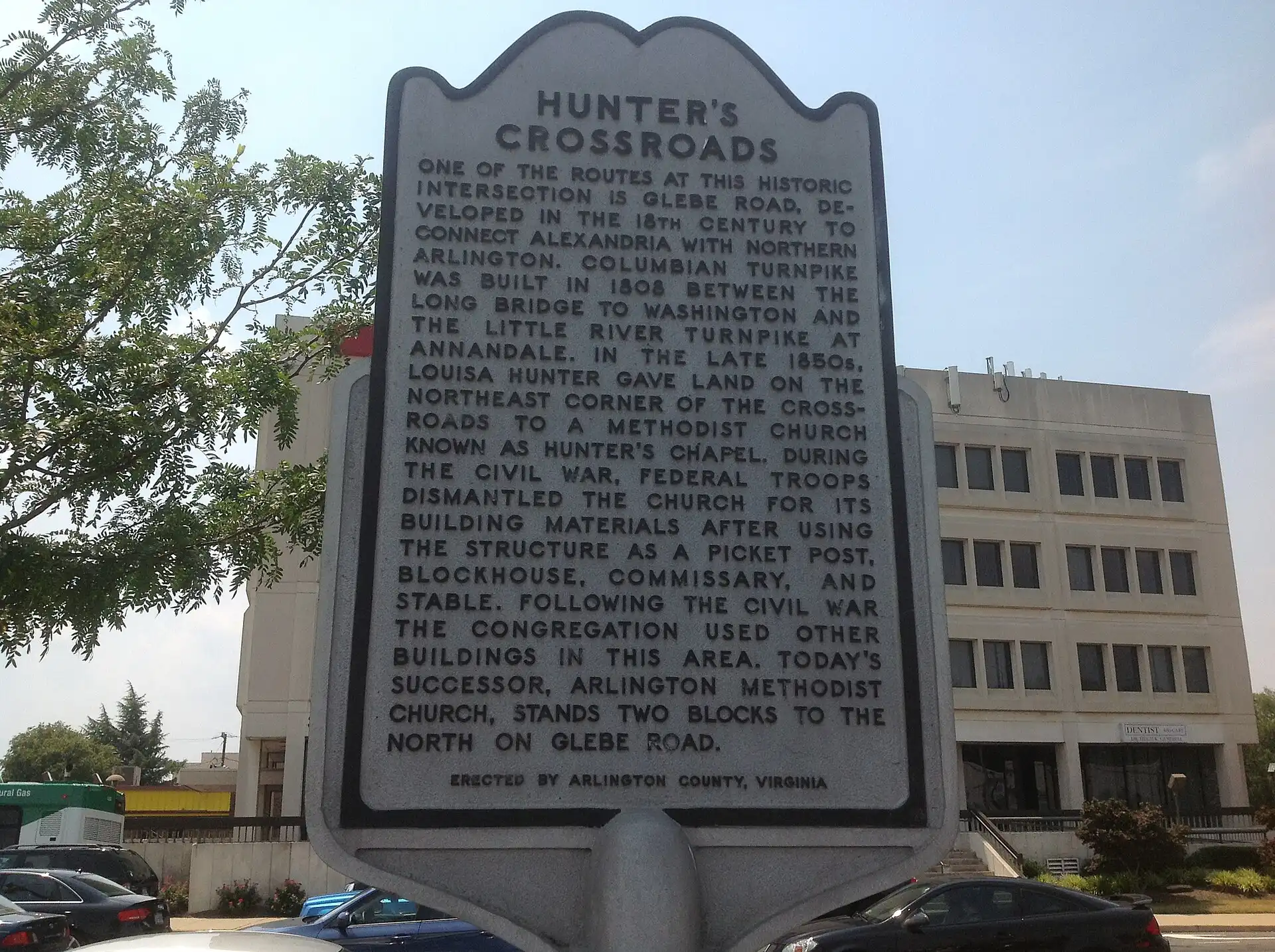 Arlington County's Hunter's Crossroads historical marker where Glebe Road meets Columbia Pike, about a third of a mile from the Grace Hopper Center.