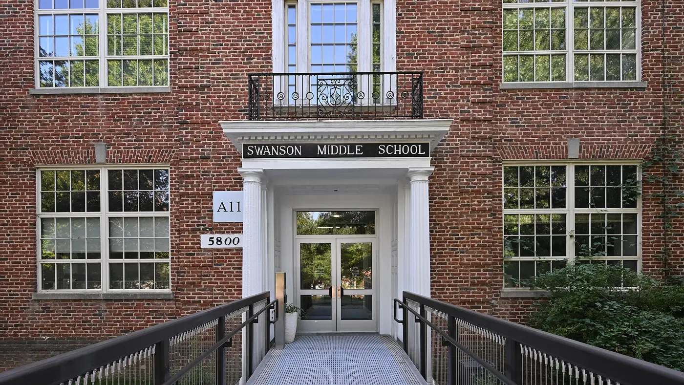 The entrance to Swanson Middle School on Washington Boulevard in Arlington's Westover area.