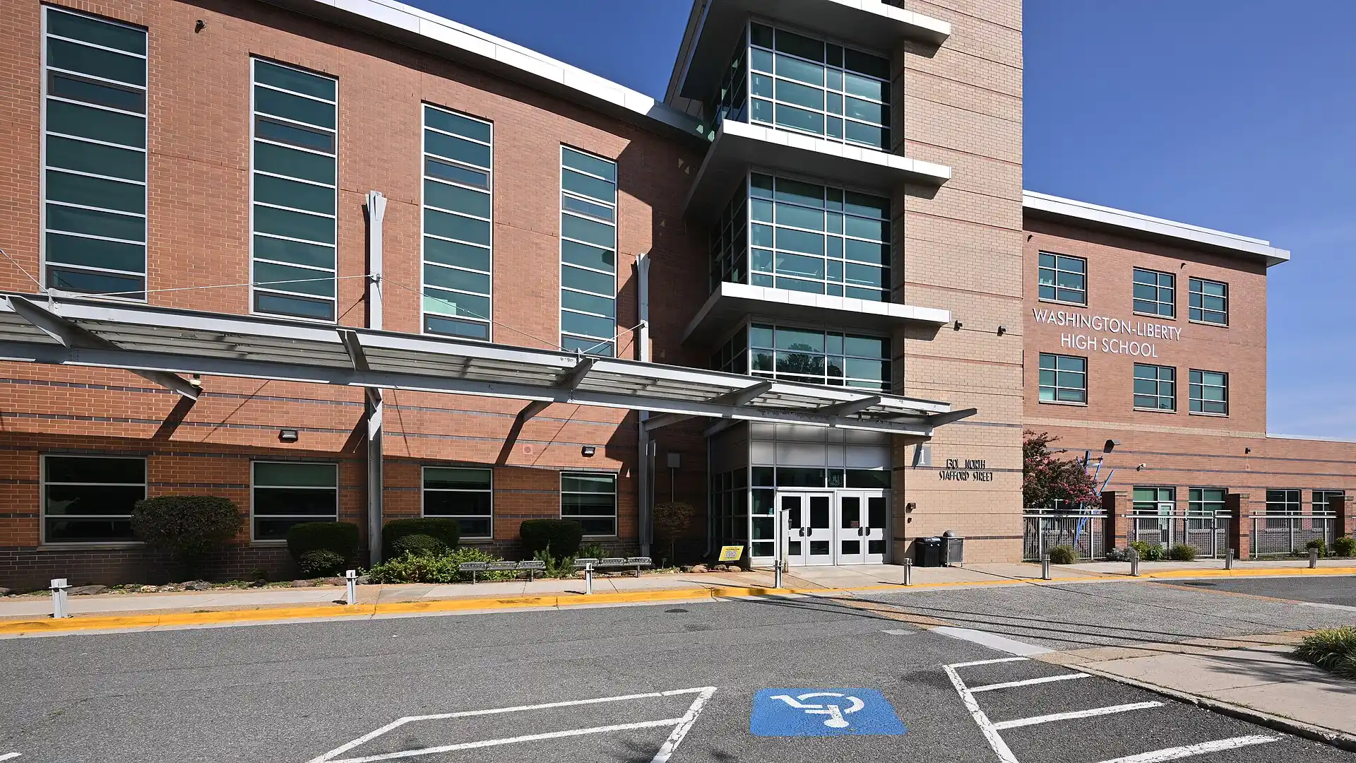 The entrance to Washington-Liberty High School on North Stafford Street in Arlington.