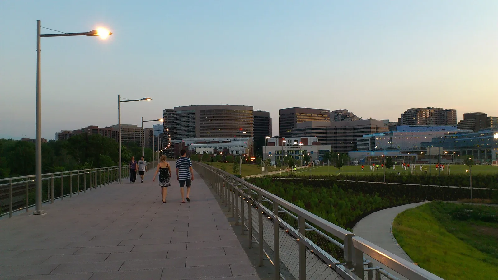 The elevated promenade and playing fields at Long Bridge Park in Crystal City, which also has a sprayground.