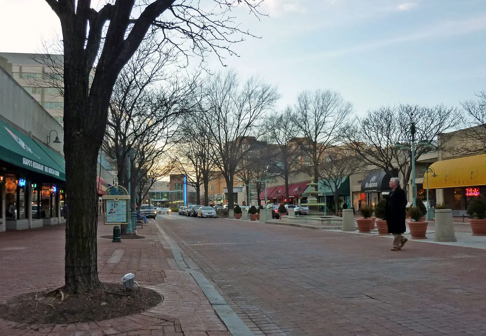 Restaurants along the brick plaza of the Village at Shirlington on Campbell Avenue.